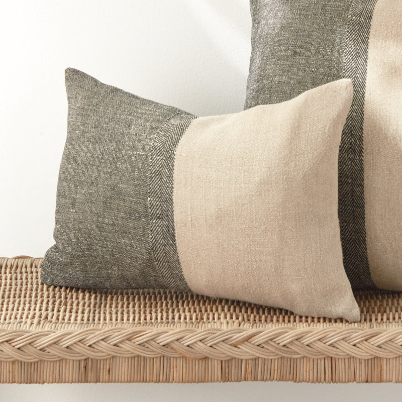 Jules European Flax Fiber Pillow Cover & Insert, Black/Cream/Color Block, Rectangle 14" H x 20" W, Knife Edge