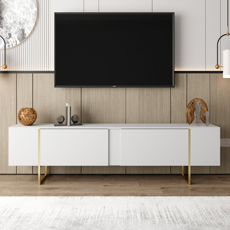 Mercer41 Tv Stand 71” With Gold Legs And Two Spacious Doors, White