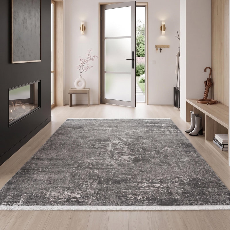 Tapis en polypropylène tissé à la machine, motif abstrait anthracite, de forme libre, Medium — 5'3" x 7'7"