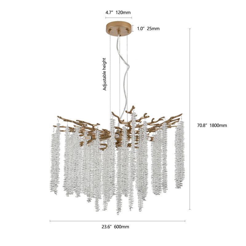 Lustre contemporain à branches en cristal à intensité variable, H 70,9 po x l 23,6 po x P 23,6 po