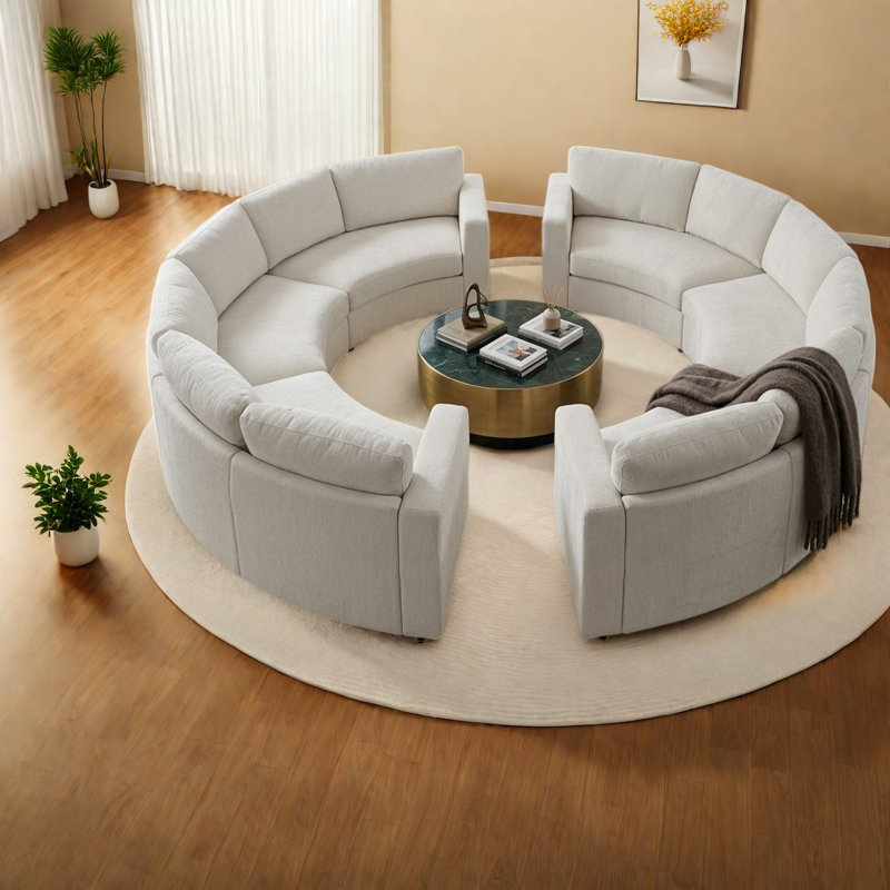 Canapé d'angle incurvé spacieux, 6 places, en pin chenille, style moderne., Beige