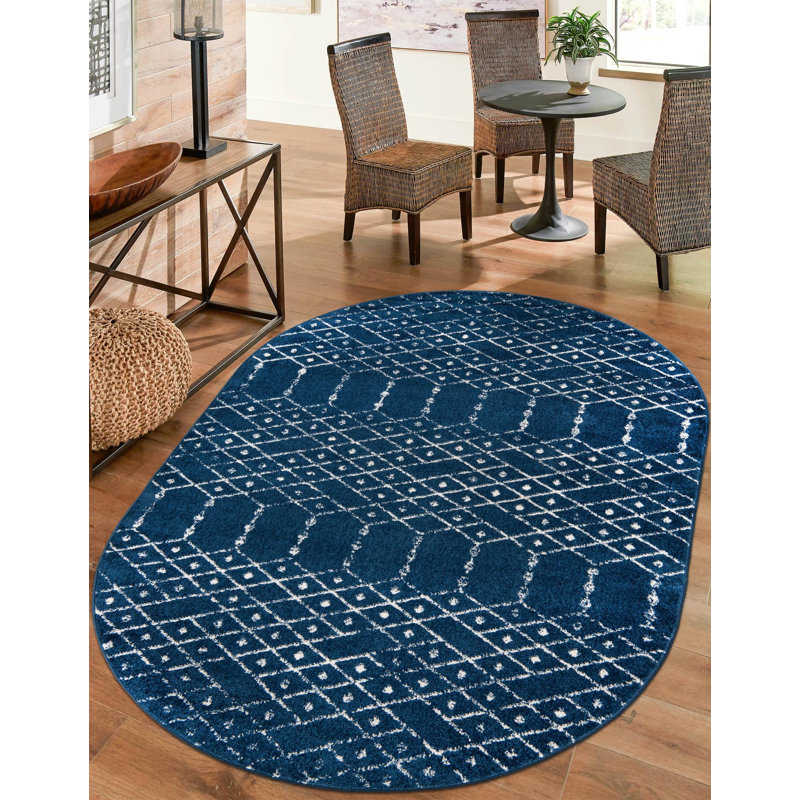 Tapis bleu marine / blanc Lenwood, Ovale 4 pi 1 po x 6 pi 1 po