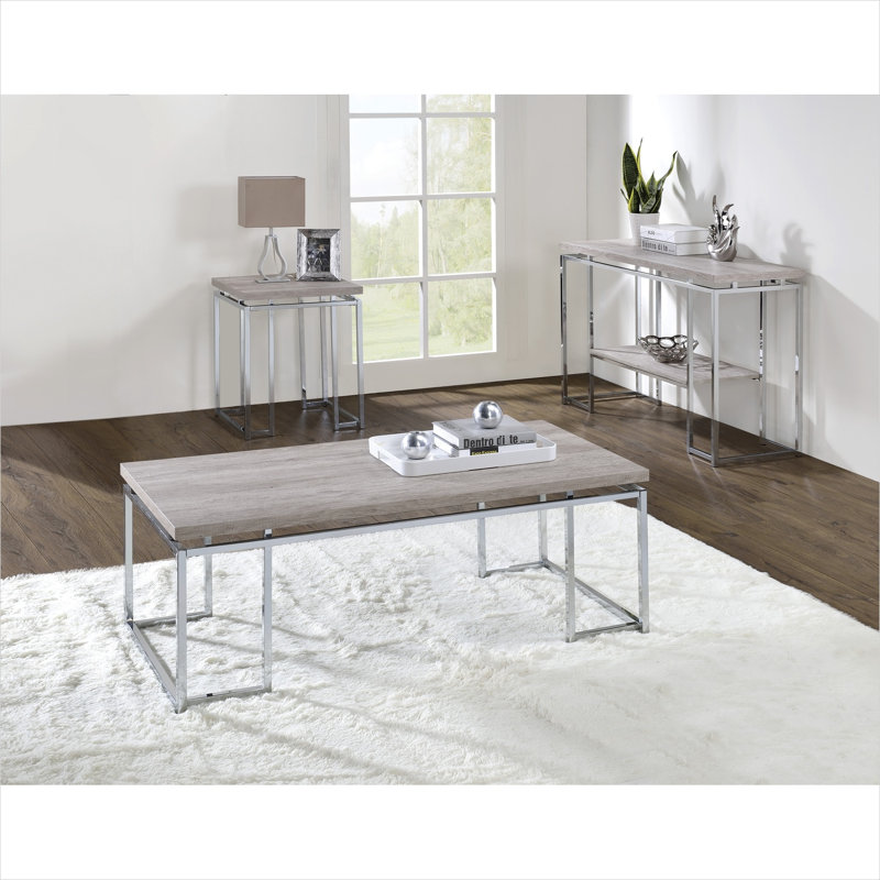 Table basse avec plateau en chêne massif, base traîneau chromée, 47,5 x 24,5 pouces, rectangulaire