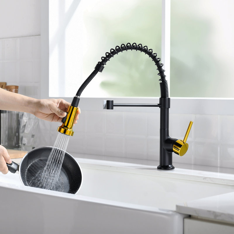 Commercial Black And Nickel Gold Kitchen Faucet With Pull Out Sprayer, Single Handle Single Lever Kitchen Sink Faucet