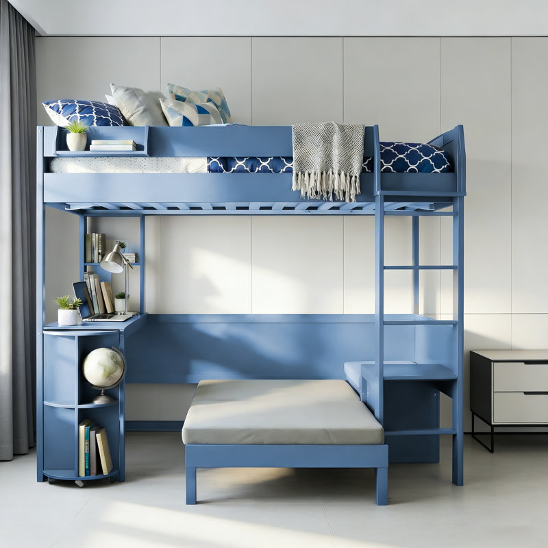 Lit mezzanine double en bois avec bureau, rangement, canapé et lumière DEL pour petits espaces, bleu marine