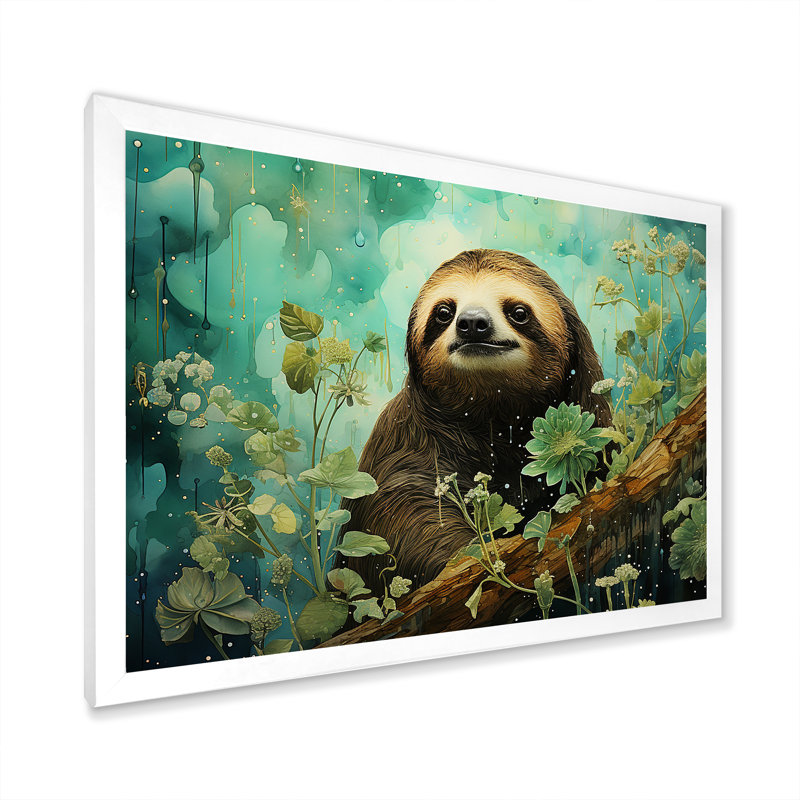 «Sloth Jade Journey», reproduction d'art sur toile encadrée, Cadre simple blanc, H 24 po x l 32 po x P 1 po
