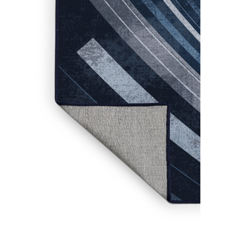 Machine Washable Rayan Wingsuit Flying Sleek & Chic Modern Arc Rug in Gray – Navy Binding, 5x8