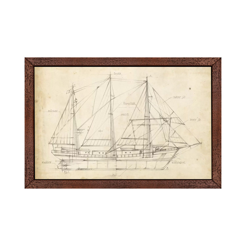 Sailboat Blueprint II by Ethan Harper - Floater Frame Print on Canvas, 66.04 cm H x 45.72 cm W, Brown Framed