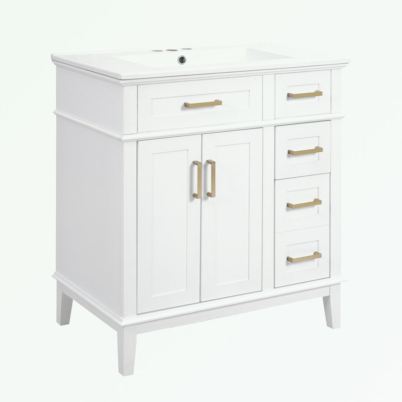 Meuble-lavabo de salle de bain avec lavabo en céramique, portes à fermeture douce et tiroir profond, Blanc