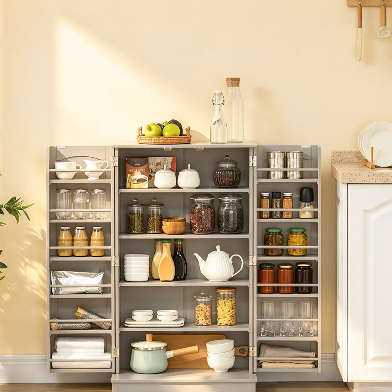 Armoire de cuisine avec 12 étagères à épices, 2 tablettes réglables et 2 portes, Grey