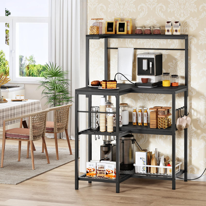 Étagère de cuisine en forme de L avec prise électrique, support d'angle à 4 niveaux pour micro-ondes avec rangement, coin café avec 8 crochets, tablette de cuisine, 2 méthodes d'installation, (noir)