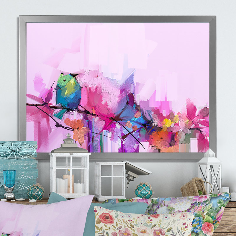 Pinceau rose et mauve, reproduction sur toile flottante, H 24 po x l 36 po x P 1 po, Cadre photo argenté