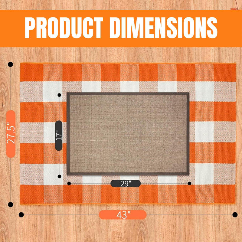 Fall Cotton Orange White Plaid Rug – 27.5×43 Hand Woven, Washable, Indoor Outdoor