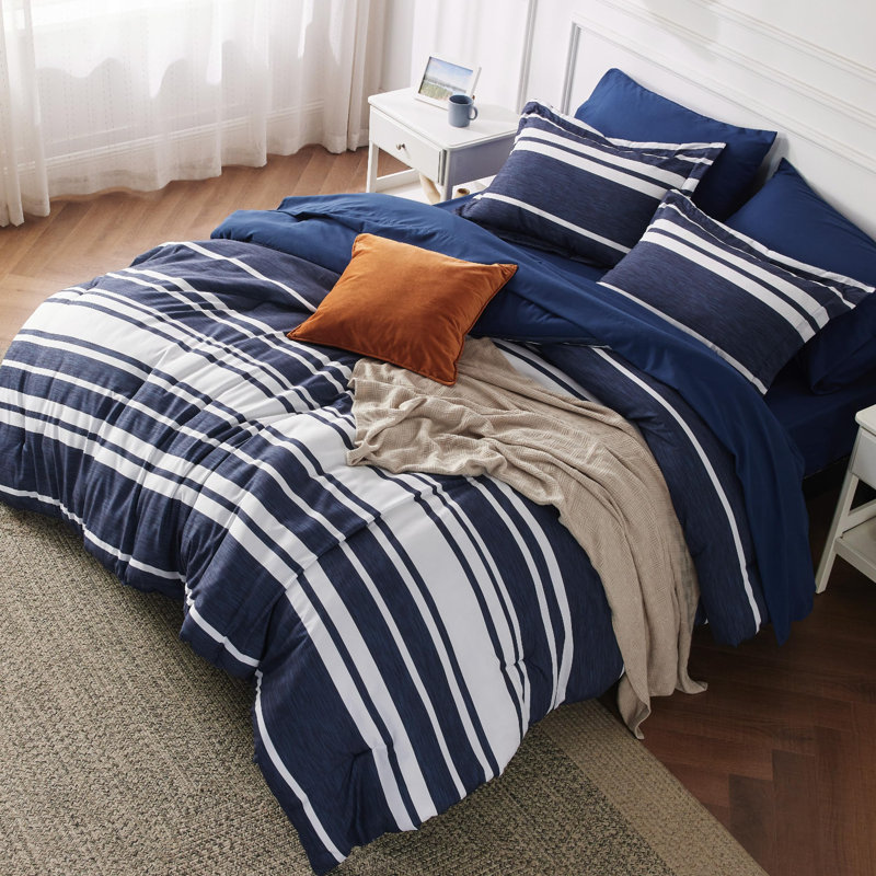 Bedsure Comforter Set, Cationic Dyeing Bed in a Bag with Comforter, Sheets, Pillowcases & Shams, Pageant Blue Striped