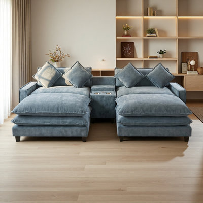Canapé modulaire en chenille de 111 po avec deux repose-pieds amovibles, deux ports USB, deux porte-gobelets et une grande boîte de rangement pour le salon
