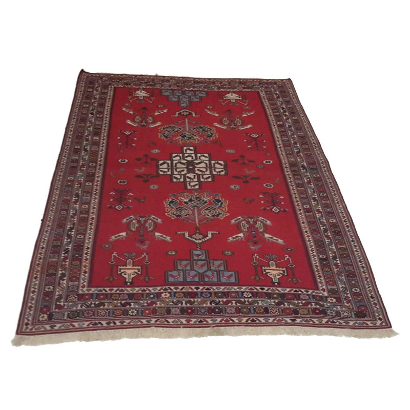 Tapis rayé rouge / noir en laine / coton fait à la main 4 pi x 6 pi