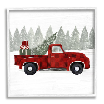 Red Buffalo Plaid Vintage Truck Christmas Tree Snowfield, art numérique de la giclée encadrée par Victoria Borges