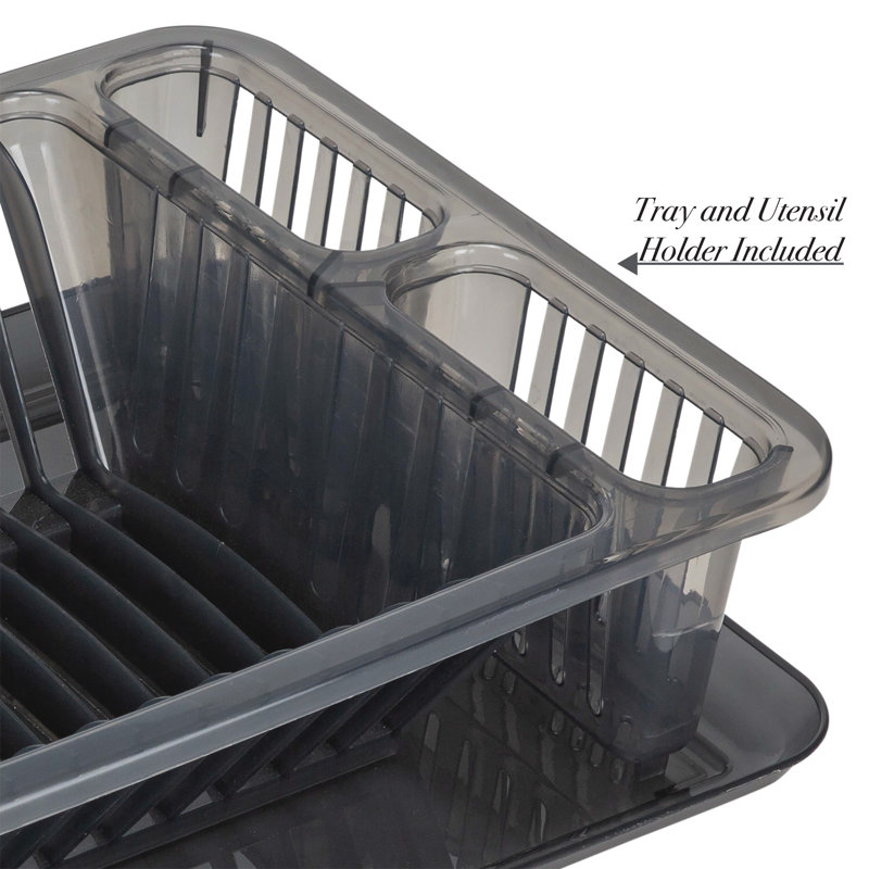 Smoke Gray Plastic Dish Rack with Utensil Cup and Tray