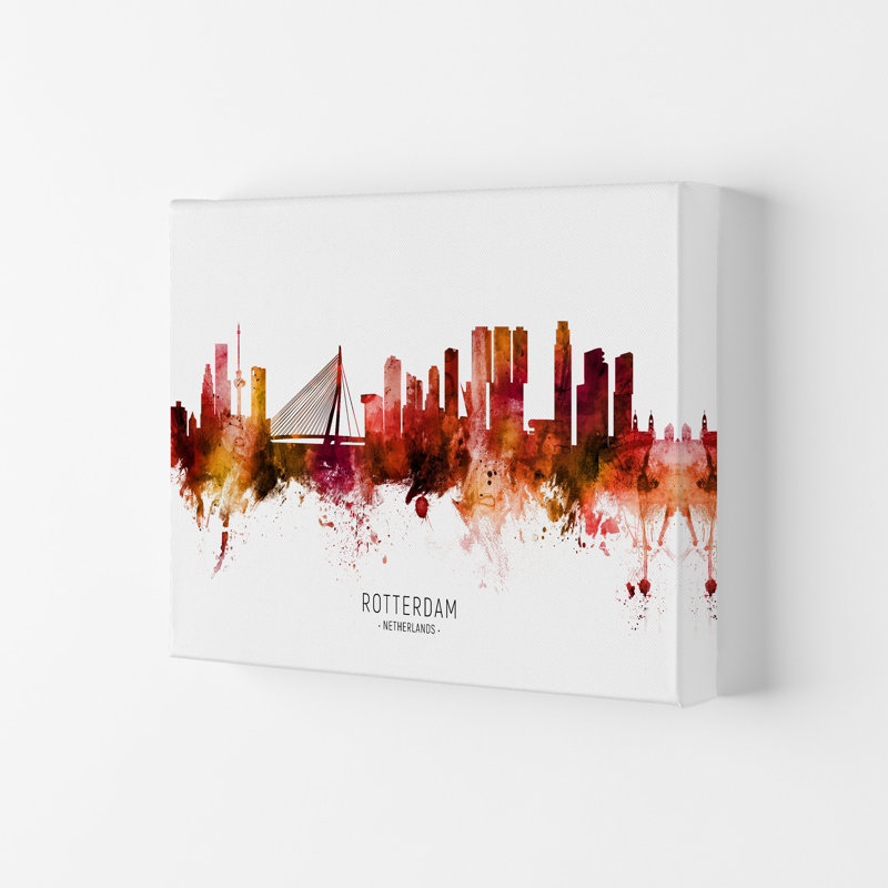 Rotterdam Netherlands Skyline Red City Name by Michael Tompsett - Print, 21cm H x 29.7cm W x 4cm D, Wrapped Canvas