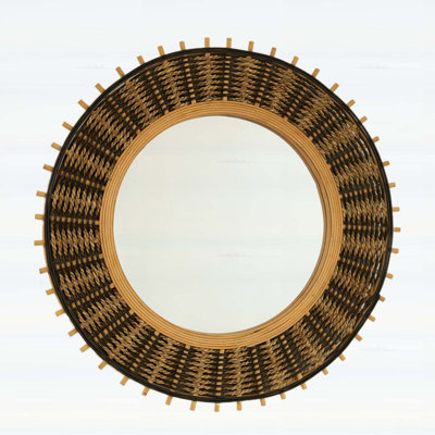 Miroir mural rond 23 po en bambou avec des cordes de chanvre jaune clair et noir