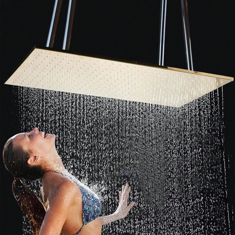 Brushed Gold 16 x 32-Inch Rectangle Rainfall High Pressure Shower Head, Luxury Large Ceiling Mount Fixed Showerhead with Silicone Nozzles, Full Body Shower Head