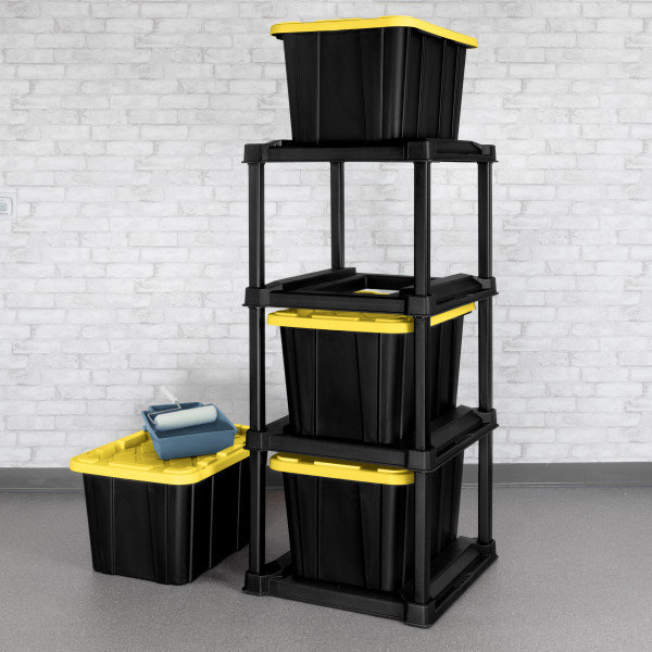 Sterilite 4 Tier Tote Rack, Vertical Garage or Basement Storage Organizer, Black