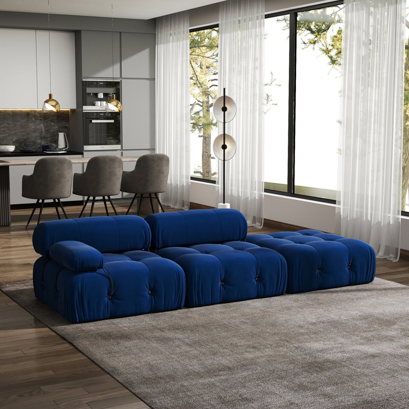 Cylar 3-Piece Upholstered Modern Velvet Modular Sofa With Ottoman, Blue