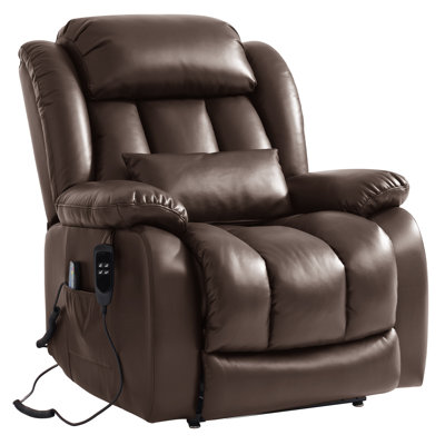 Power Lift Recliner Chair Dual Motor, 180° Lay Flat Recliners for Adult & Elderly with Heat & Massage, Large, Type-C Charge, Lumbar Pillow for Living Room, Leather (Brown)