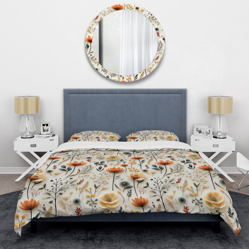 Ensemble de housse de couette à motif d'automne orange et blanc Cottage Flowers III - Floral