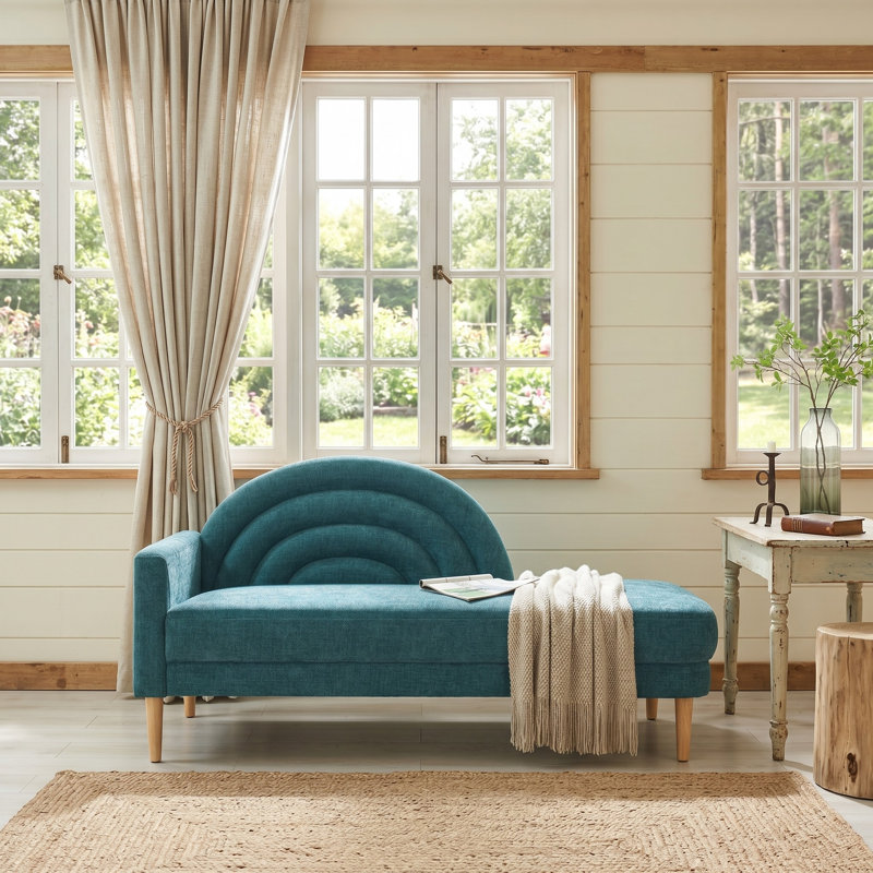 Rainbow-Inspired Linen Upholstered Chaise Lounge with Curved Backrest, Turquoise