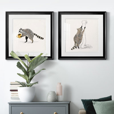 Rascally Raccoon III - Matted and Framed Under Acrylic Glass, Set of 2, Large Living Room Wall Art