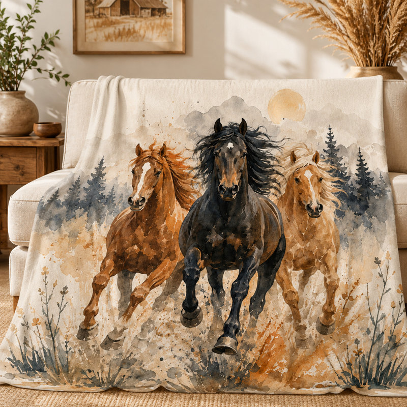 Couverture en flanelle à motif de cheval au galop avec aquarelle, forêt