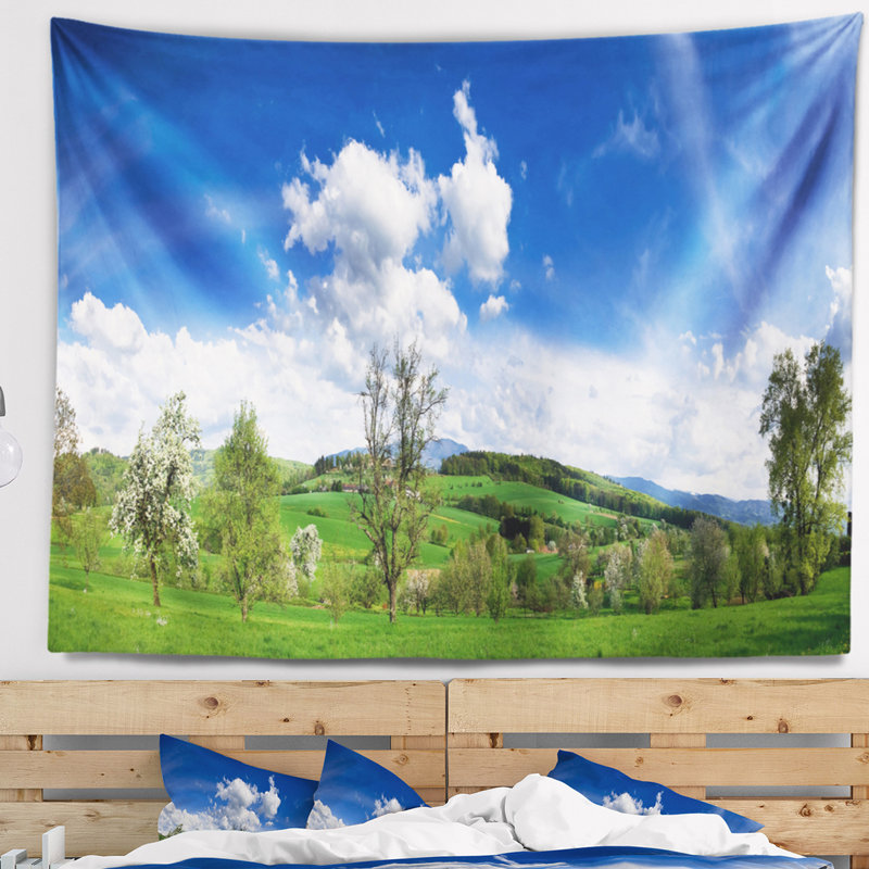 Photographie vert bleu printemps paysage tapisserie, H 32 po x l 39 po