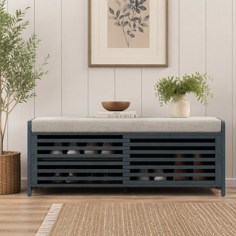 Banc à chaussures avec rangement et coussin, banc de rangement à volets vieillis avec charme rétro pour le salon, vestibule
