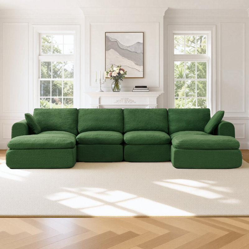 Dineen 137.8"W No Assembly Required 6-Piece Cloud Couch Comfy Modular Compression Sofa With 2 Ottoman, Moss Green
