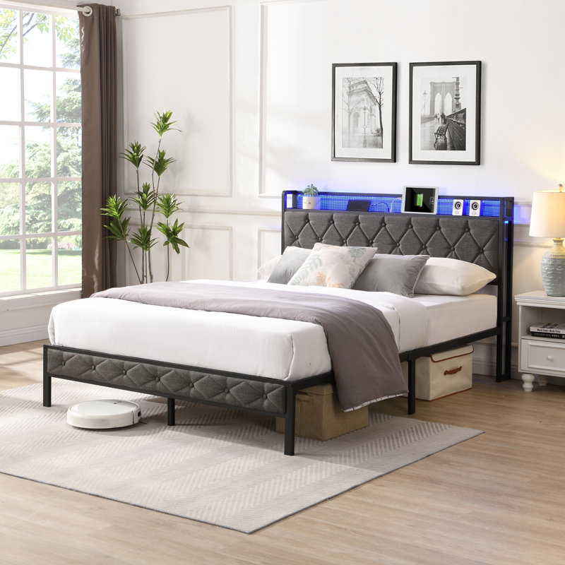 Mesum Fabric Upholstered Frame with LED Lights, Queen