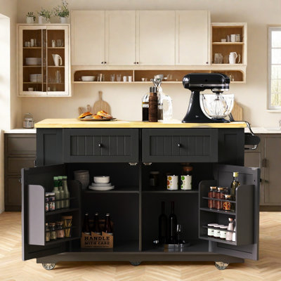 Large Rolling Kitchen Island With Drop Leaf, Power Outlet, Internal Storage Racks, 5 Open Side Racks, 2 Drawers, An Adjustable Shelf by Lark Manor