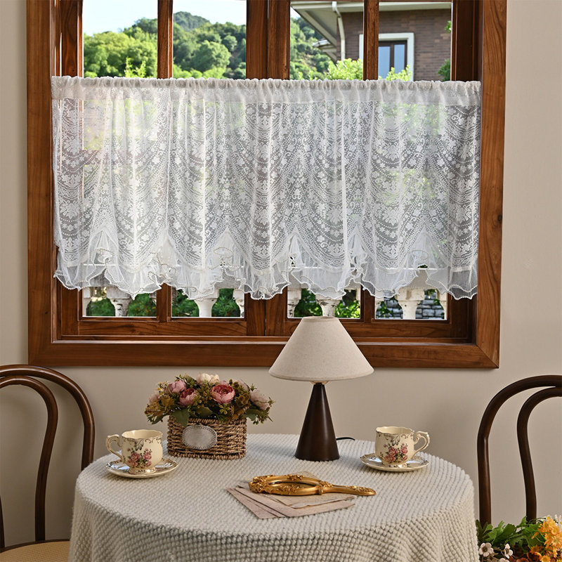 Rideau en dentelle arquée en mousseline semi-diaphane avec broderie avec passe-tringle pour portes et fenêtres, A