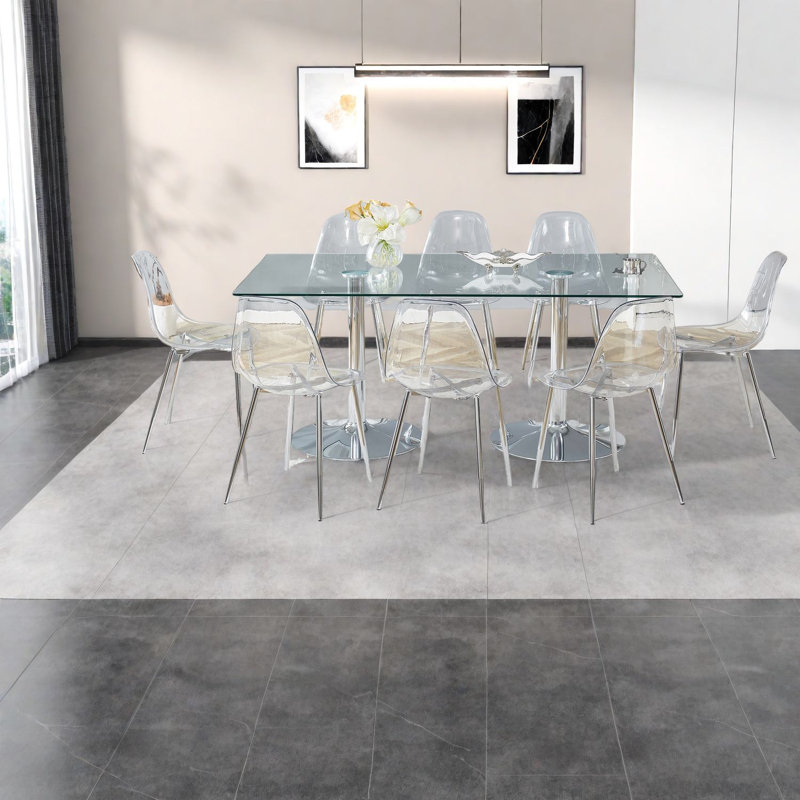 Ensembles de table de salle à manger spacieux en verre trempé avec chaises transparentes, style moderne pour la maison