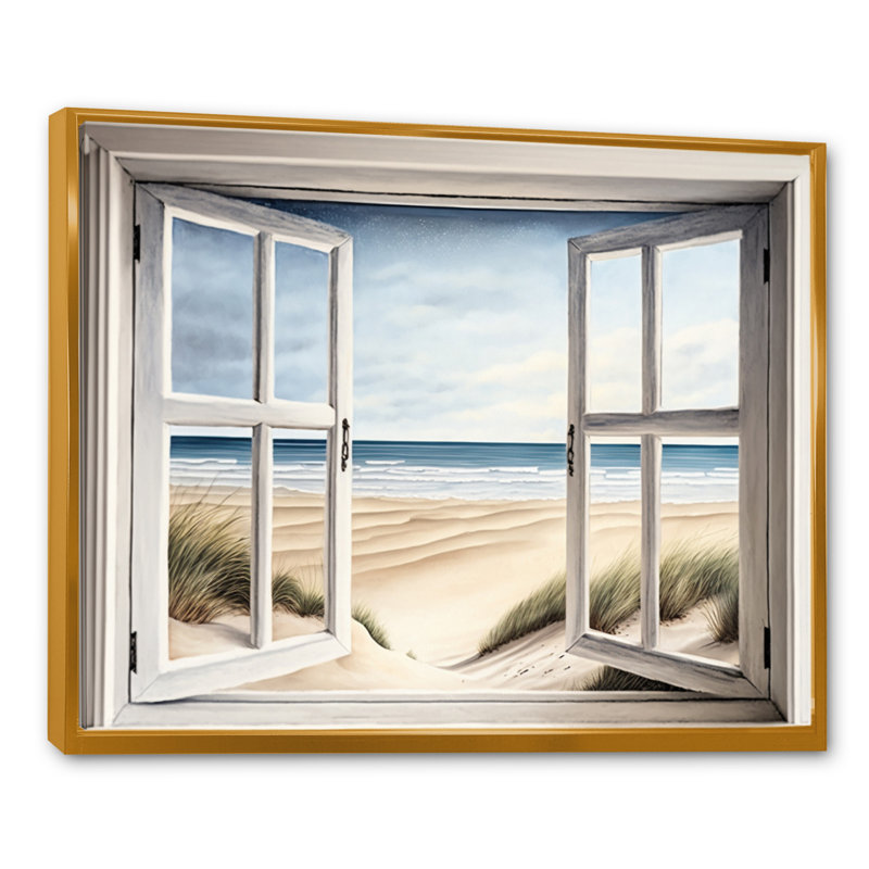 Fenêtre sur la plage - reproduction sur toile, Cadre flottant doré, H 12 po x l 20 po x P 1 po