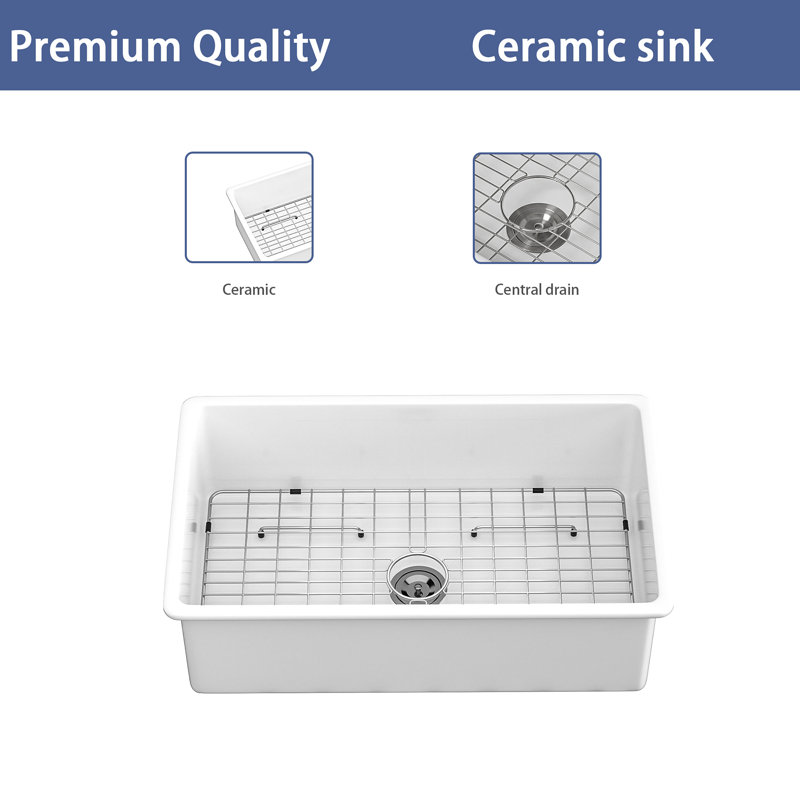 32" White Ceramic Undermount Single Bowl Kitchen Sink