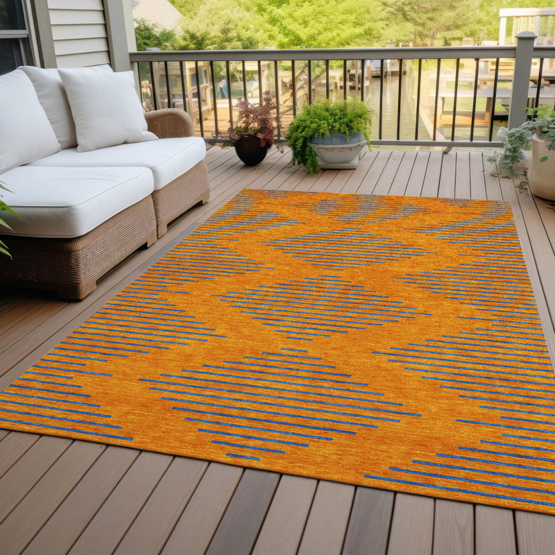 Orange and Blue Geometric Synthetic Washable Rug 46" x 30"