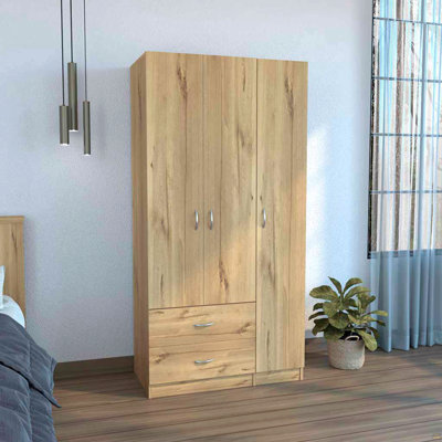 Armoire à 3 portes avec tiroirs, tablettes et tringle suspendues austral - chêne clair / noir