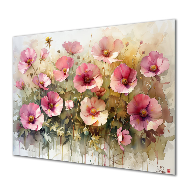 Reproduction d'art rose sur fond rose bouton d'or II - Buttercups, Métal métal, H 24 po x l 32 po x P 1 po