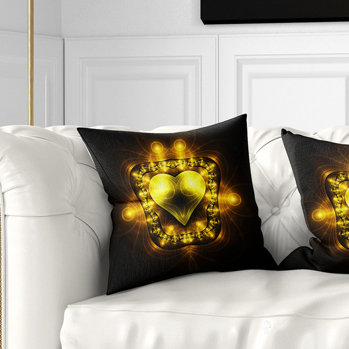 Jaune vif en fleur fractale noire - coussin imprimé abstrait, 16 po x 1 po, Coussin décoratif