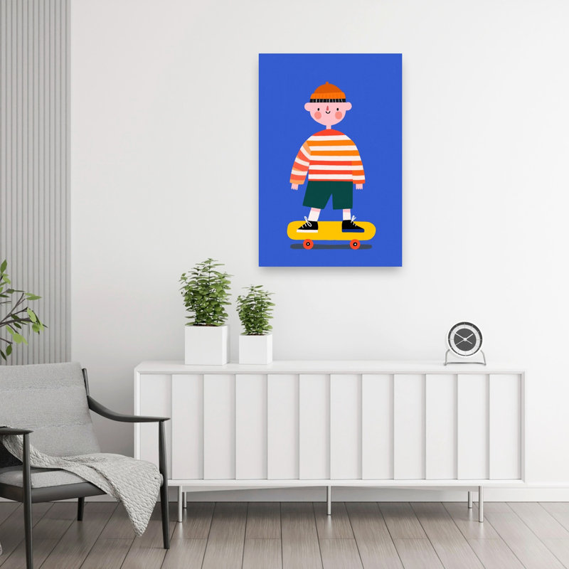 Skating Boy No 02 Playful Contemporary Wall Art Print 1 Piece Wrapped Canvas Wall Art, 91.44cm H x 60.96cm W