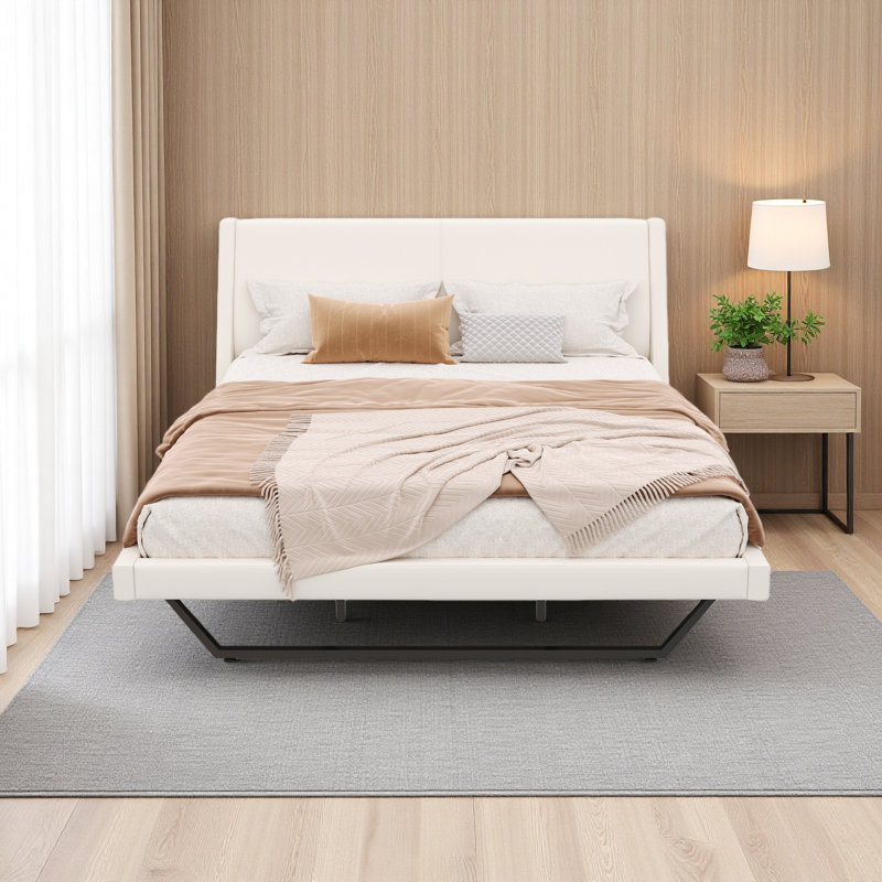 Lit plateforme avec conception en forme de vague et pieds trapézoïdaux, Blanc, Très grand lit