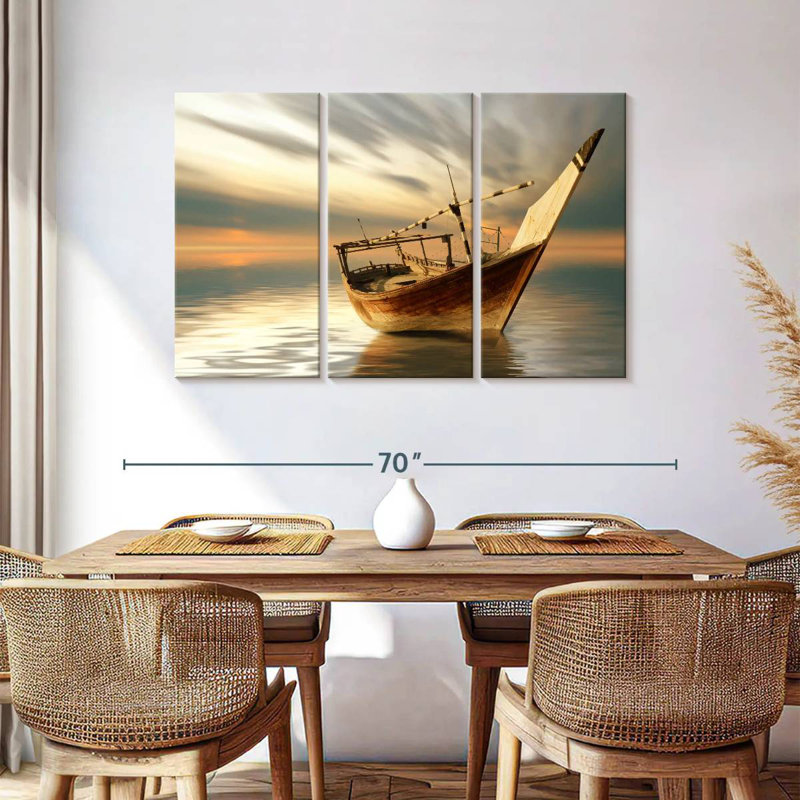 Bateau Mehar au coucher du soleil, H 36 po x l 57 po