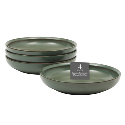 Gibson Elite Beckett 4-Piece Green Dinner Bowl Set – Reactive Glaze Stoneware – Shallow Pasta Bowls – Wide-Rim Round Shape – Microwave & Dishwasher Safe