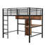 Lit mezzanine double en métal et bois avec bureau en L et tablettes, noir et brun